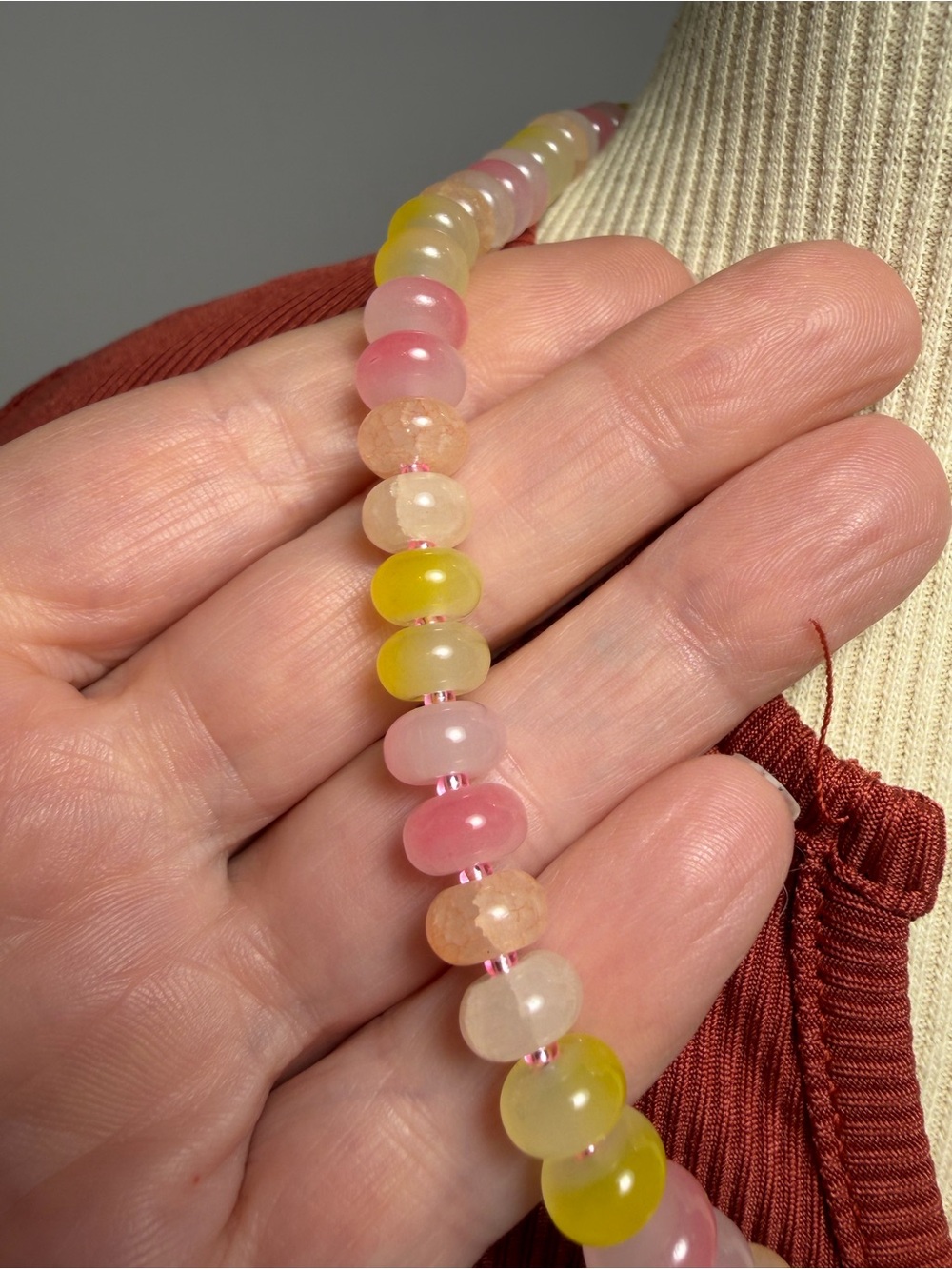 Handmade Pink & Yellow Beaded with Rondelle Gemstones Necklace with Starfish - Picture 3 of 5